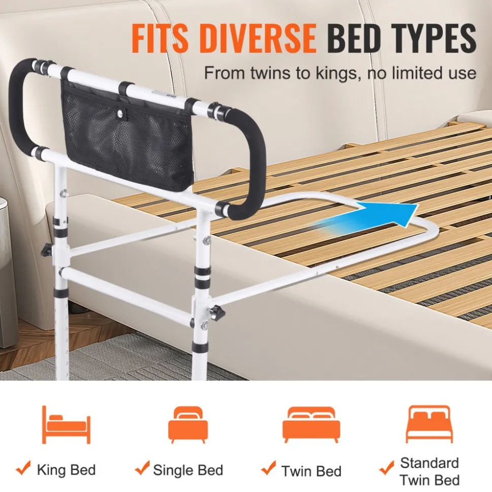 VEVOR Bed Rails for Elderly Adults, 180° Foldable Bed Assist Rails for Seniors, 450LBS Loading Bed Side Rails Bed Cane with 4-Level Adjustable Handle, Storage Pocket Fits King Queen Full Twin Bed