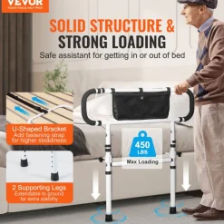 VEVOR Bed Rails for Elderly Adults, 180° Foldable Bed Assist Rails for Seniors, 450LBS Loading Bed Side Rails Bed Cane with 4-Level Adjustable Handle, Storage Pocket Fits King Queen Full Twin Bed