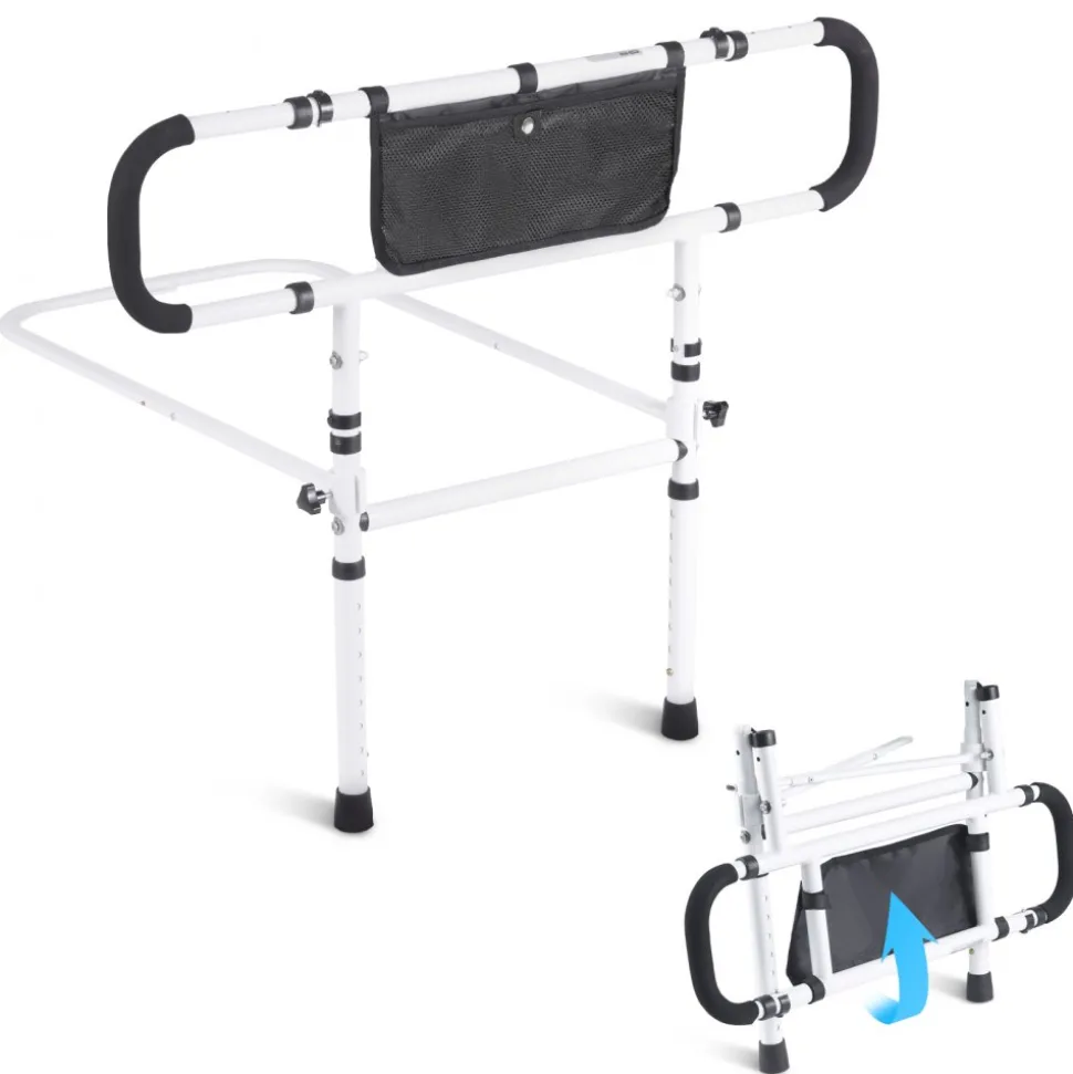 VEVOR Bed Rails for Elderly Adults, 180° Foldable Bed Assist Rails for Seniors, 450LBS Loading Bed Side Rails Bed Cane with 4-Level Adjustable Handle, Storage Pocket Fits King Queen Full Twin Bed