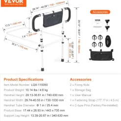 VEVOR Bed Rails for Elderly Adults, 180° Foldable Bed Assist Rails for Seniors, 450LBS Loading Bed Side Rails Bed Cane with 4-Level Adjustable Handle, Storage Pocket Fits King Queen Full Twin Bed