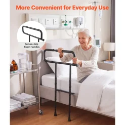 VEVOR Bed Rails for Elderly Adults Folding Bed Side Rail with Floor Support, Length & Height Adjustable, High-Strength Steel Bedside Assist Cane, Fits King Queen Full Twin Bed, 300LBS Strong Capacity