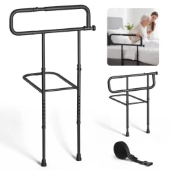 VEVOR Bed Rails for Elderly Adults Folding Bed Side Rail with Floor Support, Length & Height Adjustable, High-Strength Steel Bedside Assist Cane, Fits King Queen Full Twin Bed, 300LBS Strong Capacity