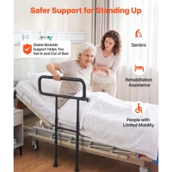 VEVOR Bed Rails for Elderly Adults Folding Bed Side Rail with Floor Support, Length & Height Adjustable, High-Strength Steel Bedside Assist Cane, Fits King Queen Full Twin Bed, 300LBS Strong Capacity