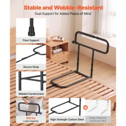 VEVOR Bed Rails for Elderly Adults Folding Bed Side Rail with Floor Support, Length & Height Adjustable, High-Strength Steel Bedside Assist Cane, Fits King Queen Full Twin Bed, 300LBS Strong Capacity