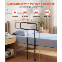 VEVOR Bed Rails for Elderly Adults Folding Bed Side Rail with Floor Support, Length & Height Adjustable, High-Strength Steel Bedside Assist Cane, Fits King Queen Full Twin Bed, 300LBS Strong Capacity