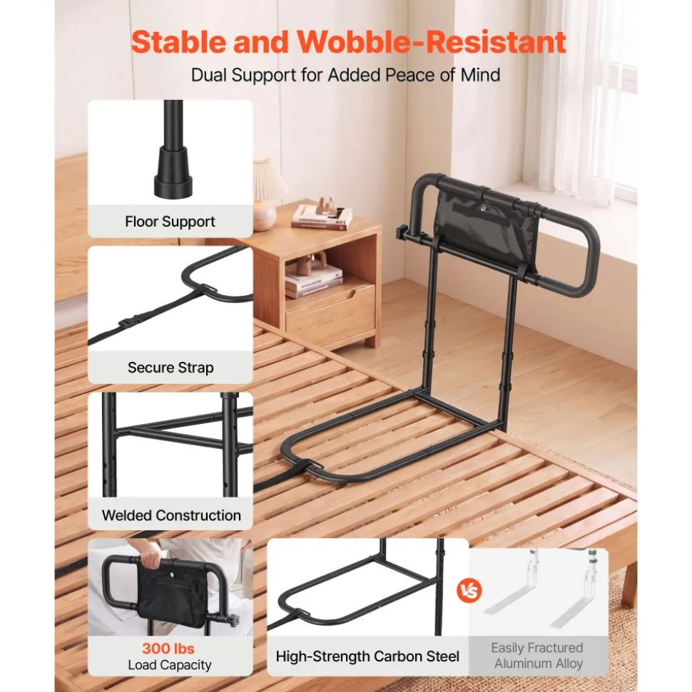 VEVOR Bed Rails for Elderly Adults 200LBS Loading Bed Side Assist Rail, with Motion Sensor LED Light, Adjustable Height & Length, Non-Slip Handle, High-Strength Steel, Fit King Queen Full Twin Bed