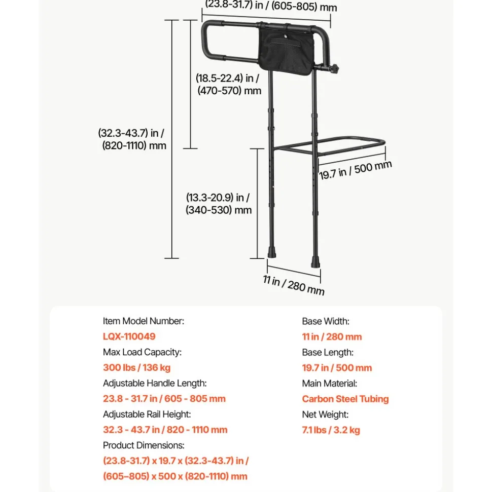 VEVOR Bed Rails for Elderly Adults 200LBS Loading Bed Side Assist Rail, with Motion Sensor LED Light, Adjustable Height & Length, Non-Slip Handle, High-Strength Steel, Fit King Queen Full Twin Bed