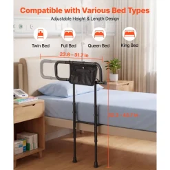 VEVOR Bed Rails for Elderly Adults 200LBS Loading Bed Side Assist Rail, with Motion Sensor LED Light, Adjustable Height & Length, Non-Slip Handle, High-Strength Steel, Fit King Queen Full Twin Bed