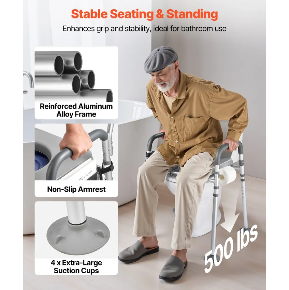 VEVOR Bedside Commode Chair, 500 lbs Capacity, 4-in-1 Portable Toilet and Raised Toilet Seat with Padded Seat & Armrest, Detachable 5L Bucket, Adjustable Height & Width Adult Potty Chair for Seniors