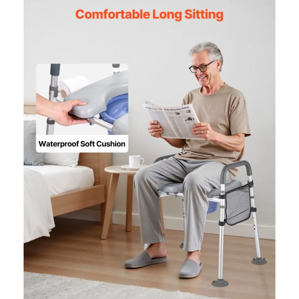 VEVOR Bedside Commode Chair, 500 lbs Capacity, 4-in-1 Portable Toilet and Raised Toilet Seat with Padded Seat & Armrest, Detachable 5L Bucket, Adjustable Height & Width Adult Potty Chair for Seniors