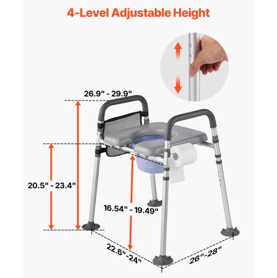 VEVOR Bedside Commode Chair, 500 lbs Capacity, 4-in-1 Portable Toilet and Raised Toilet Seat with Padded Seat & Armrest, Detachable 5L Bucket, Adjustable Height & Width Adult Potty Chair for Seniors