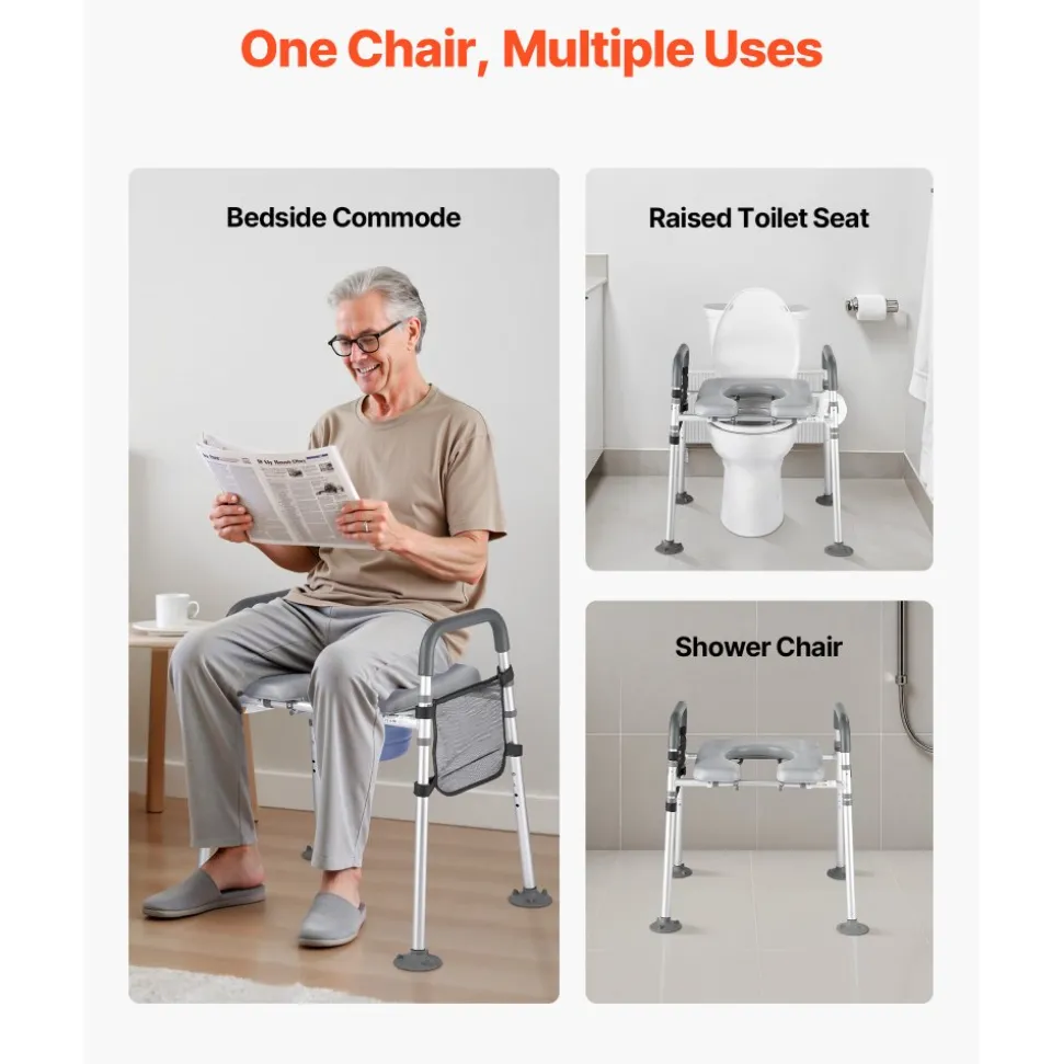 VEVOR Bedside Commode Chair, 500 lbs Capacity, 4-in-1 Portable Toilet and Raised Toilet Seat with Padded Seat & Armrest, Detachable 5L Bucket, Adjustable Height & Width Adult Potty Chair for Seniors