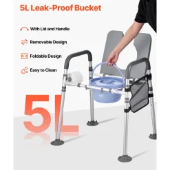 VEVOR Bedside Commode Chair, 500 lbs Capacity, 4-in-1 Portable Toilet and Raised Toilet Seat with Padded Seat & Armrest, Detachable 5L Bucket, Adjustable Height & Width Adult Potty Chair for Seniors