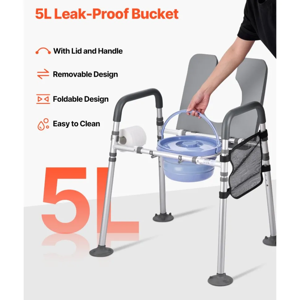 VEVOR Bedside Commode Chair, 500 lbs Capacity, 4-in-1 Portable Toilet and Raised Toilet Seat with Padded Seat & Armrest, Detachable 5L Bucket, Adjustable Height & Width Adult Potty Chair for Seniors