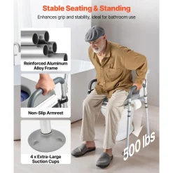 VEVOR Bedside Commode Chair, 500 lbs Capacity, 4-in-1 Portable Toilet and Raised Toilet Seat with Padded Seat & Backrest, Detachable 5L Bucket, Adjustable Height & Width Adult Potty Chair for Seniors