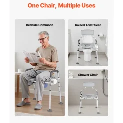 VEVOR Bedside Commode Chair, 500 lbs Capacity, 4-in-1 Portable Toilet and Raised Toilet Seat with Padded Seat & Backrest, Detachable 5L Bucket, Adjustable Height & Width Adult Potty Chair for Seniors