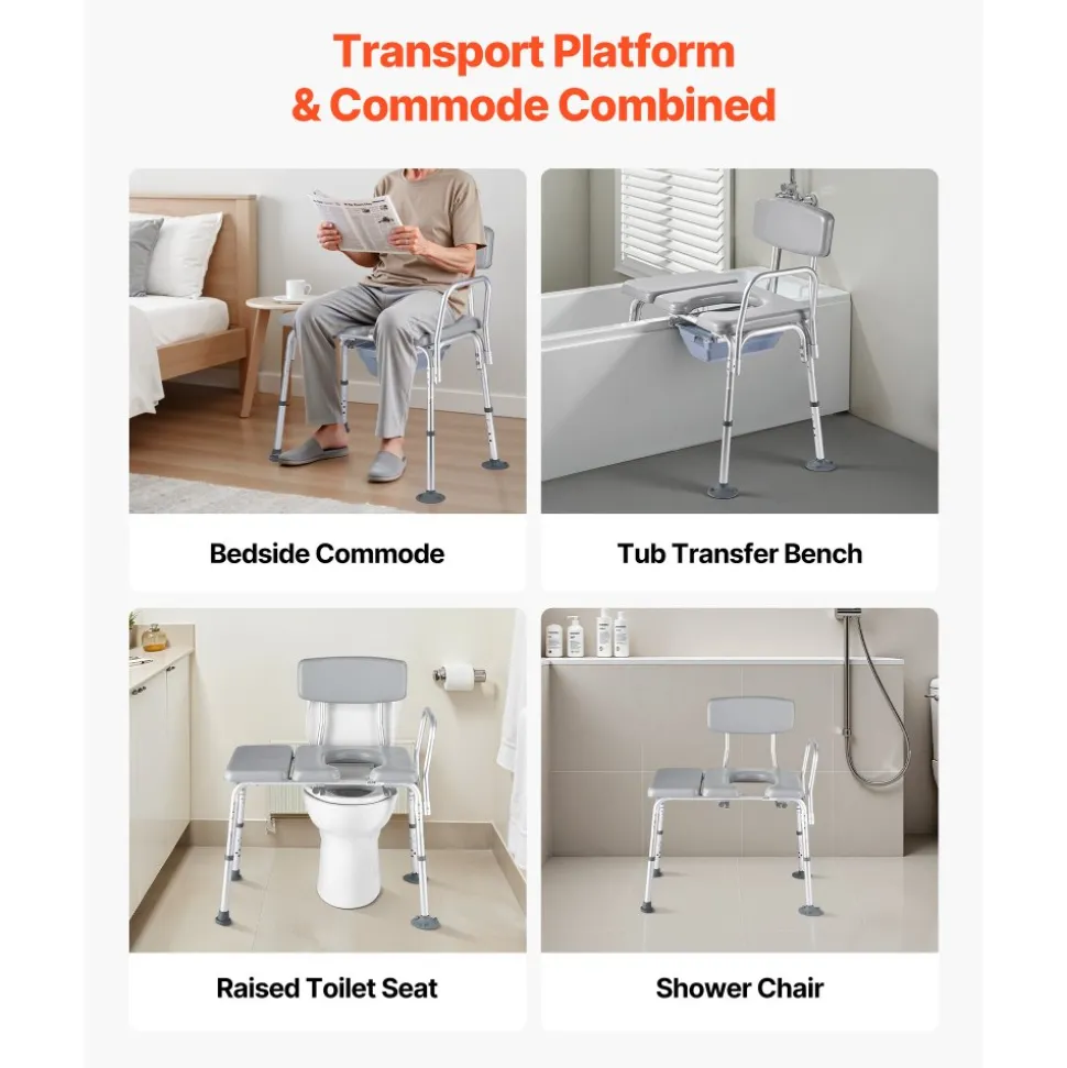 VEVOR Bedside Commode Chair, 500 lbs Weight Capacity, 4-in-1 Portable Toilet and Raised Toilet Seat with Padded Seat and Backrest, Detachable 5L Bucket, Adjustable Height Adult Potty Chair for Seniors