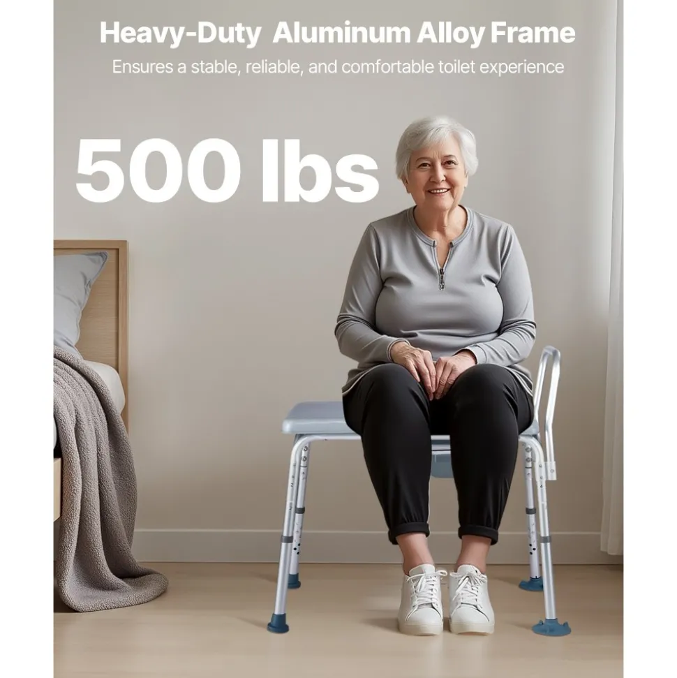VEVOR Bedside Commode Chair, 500 lbs Weight Capacity, 4-in-1 Portable Toilet and Raised Toilet Seat with Padded Seat and Backrest, Detachable 5L Bucket, Adjustable Height Adult Potty Chair for Seniors