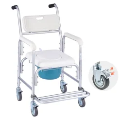VEVOR Bedside Commode Chair with Wheels, 350 lbs Capacity, 4-in-1 Portable Toilet and Raised Toilet Seat with Padded Seat/Backrest/Flip-up Footrest, Detachable 5L Bucket, Shower Wheelchair for Seniors
