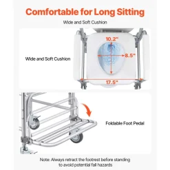 VEVOR Bedside Commode Chair with Wheels, 350 lbs Capacity, 4-in-1 Portable Toilet and Raised Toilet Seat with Padded Seat/Backrest/Flip-up Footrest, Detachable 5L Bucket, Shower Wheelchair for Seniors