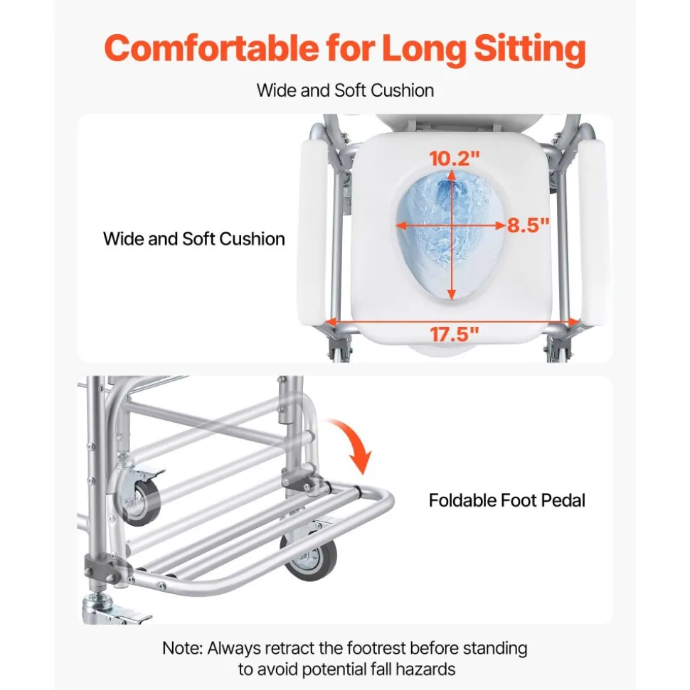 VEVOR Bedside Commode Chair with Wheels, 350 lbs Capacity, 4-in-1 Portable Toilet and Raised Toilet Seat with Padded Seat/Backrest/Flip-up Footrest, Detachable 5L Bucket, Shower Wheelchair for Seniors