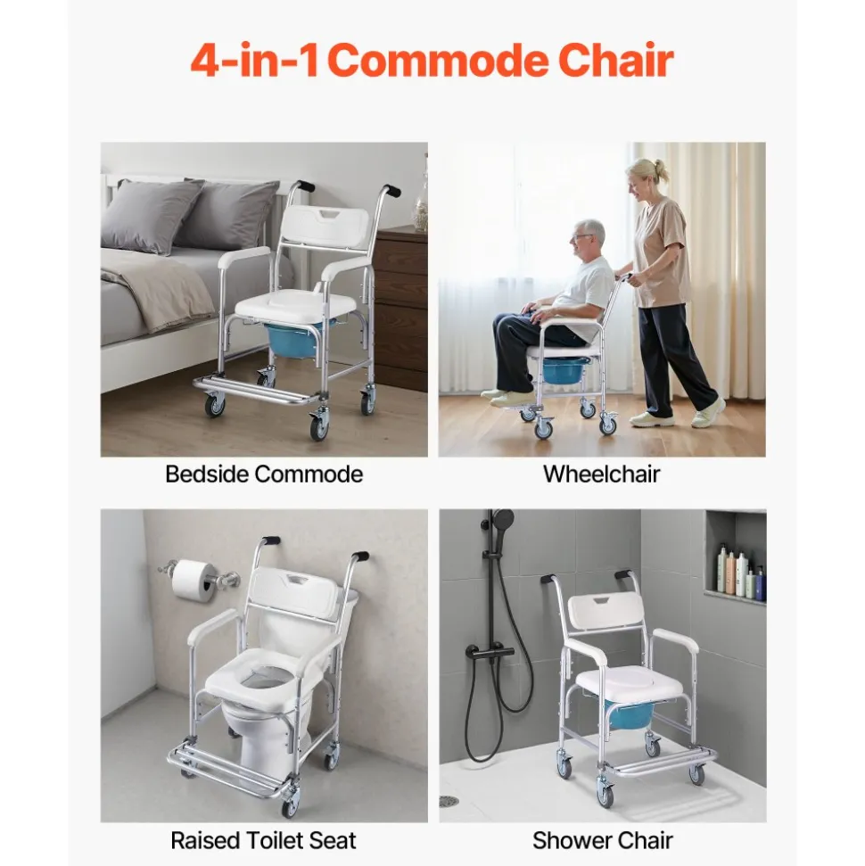 VEVOR Bedside Commode Chair with Wheels, 350 lbs Capacity, 4-in-1 Portable Toilet and Raised Toilet Seat with Padded Seat/Backrest/Flip-up Footrest, Detachable 5L Bucket, Shower Wheelchair for Seniors