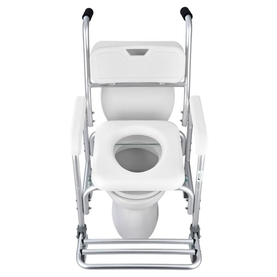 VEVOR Bedside Commode Chair with Wheels, 350 lbs Capacity, 4-in-1 Portable Toilet and Raised Toilet Seat with Padded Seat/Backrest/Flip-up Footrest, Detachable 5L Bucket, Shower Wheelchair for Seniors