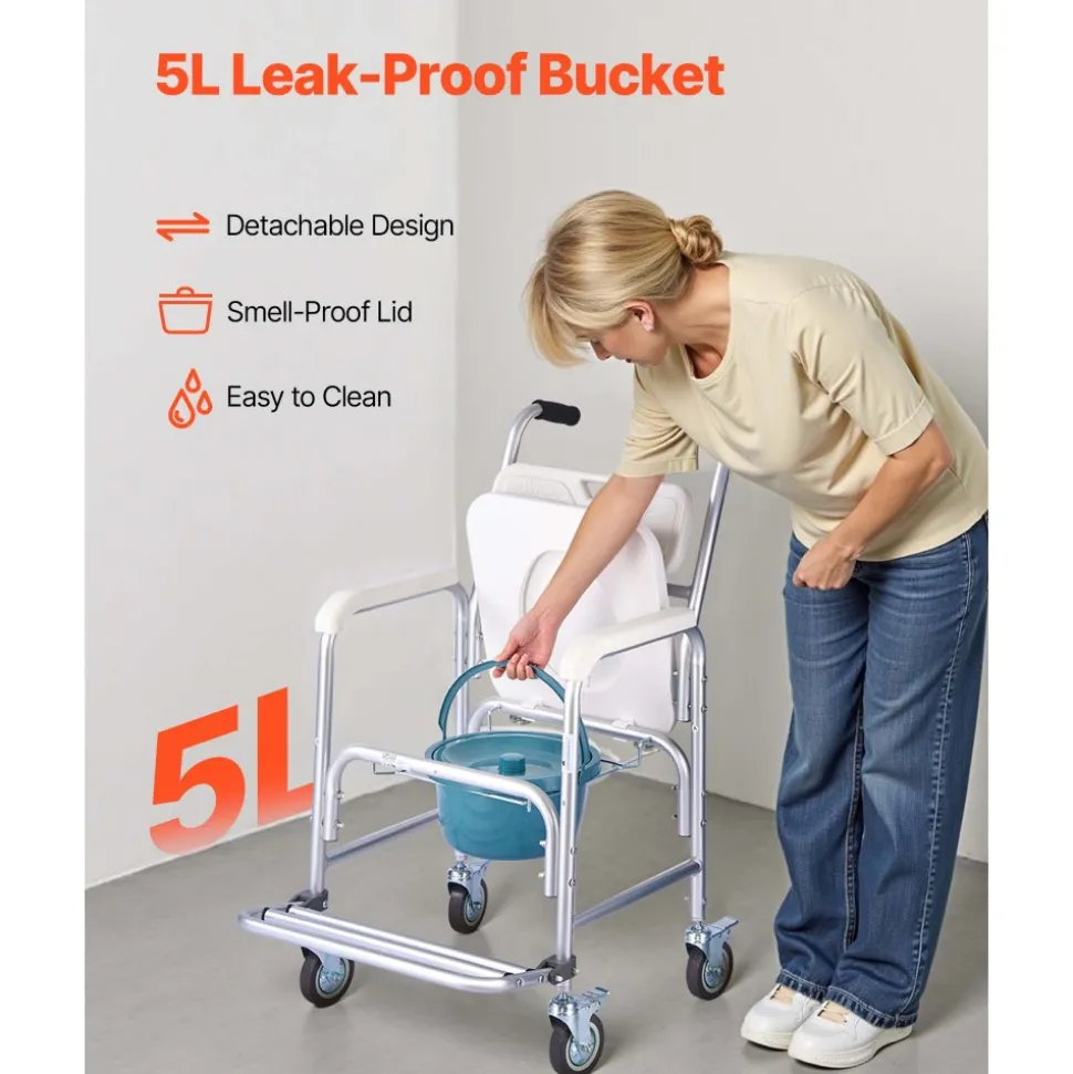 VEVOR Bedside Commode Chair with Wheels, 350 lbs Capacity, 4-in-1 Portable Toilet and Raised Toilet Seat with Padded Seat/Backrest/Flip-up Footrest, Detachable 5L Bucket, Shower Wheelchair for Seniors