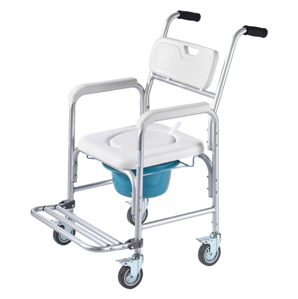 VEVOR Bedside Commode Chair with Wheels, 350 lbs Capacity, 4-in-1 Portable Toilet and Raised Toilet Seat with Padded Seat/Backrest/Flip-up Footrest, Detachable 5L Bucket, Shower Wheelchair for Seniors