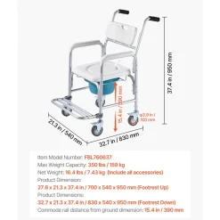 VEVOR Bedside Commode Chair with Wheels, 350 lbs Capacity, 4-in-1 Portable Toilet and Raised Toilet Seat with Padded Seat/Backrest/Flip-up Footrest, Detachable 5L Bucket, Shower Wheelchair for Seniors