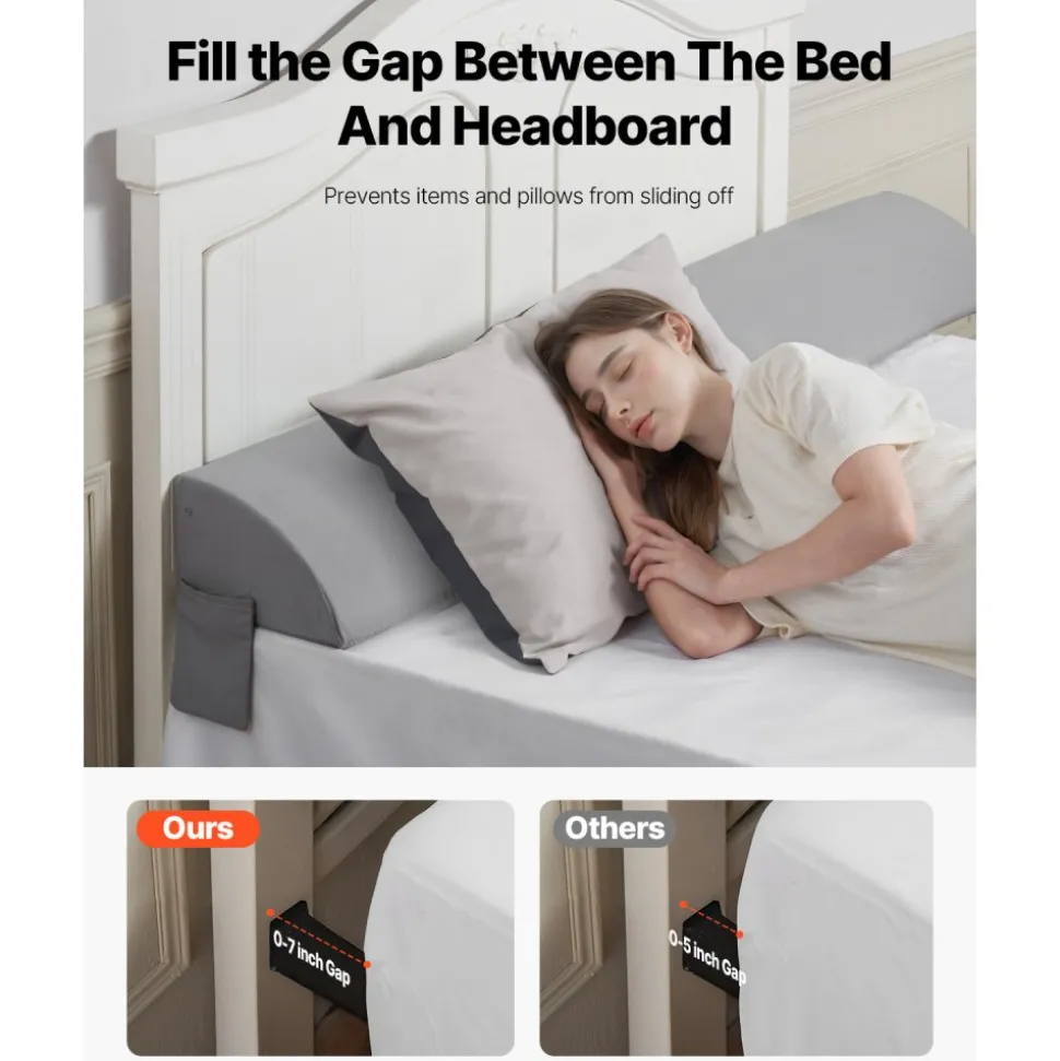 VEVOR Bed Wedge Pillow for Headboard, King Size, 72"x10"x6" Bed Gap Filler, Fill 0-7" Gap Between Headboard and Mattress, 25D Foam Mattress Wedge Headboard Pillow with Side Pocket, for Backrest, Gray