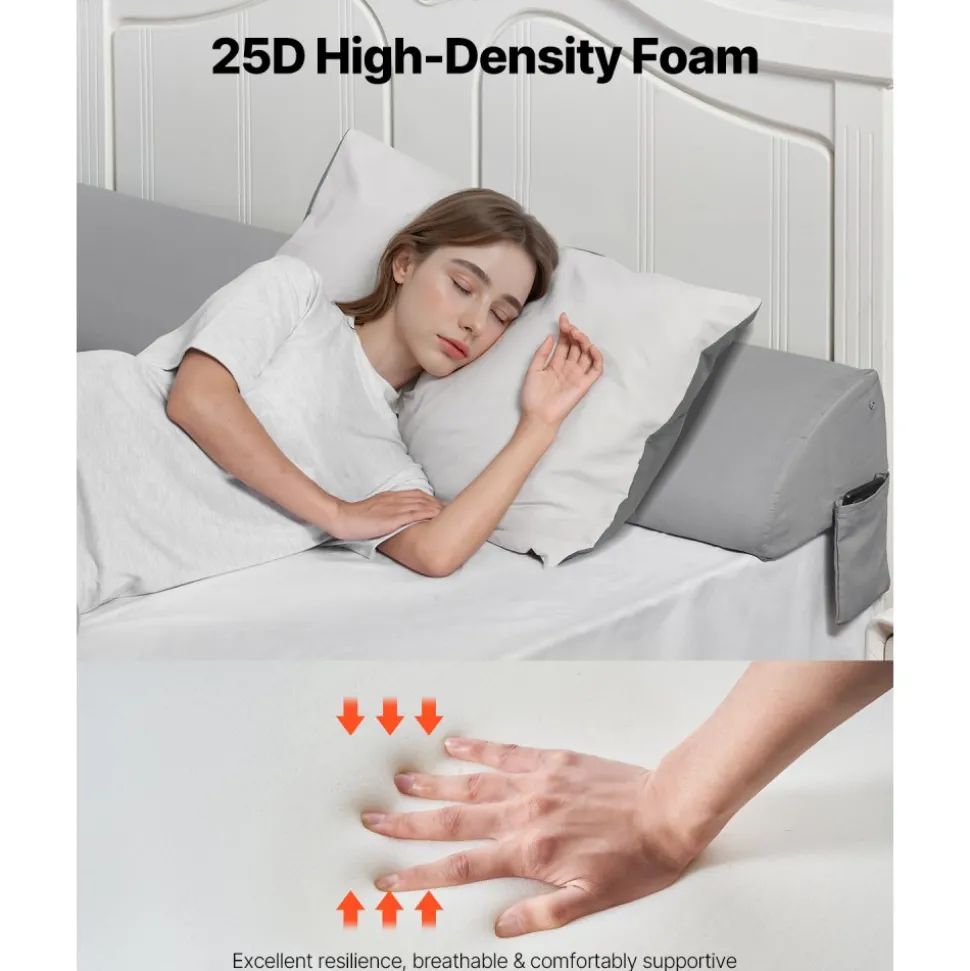 VEVOR Bed Wedge Pillow for Headboard, King Size, 72"x10"x6" Bed Gap Filler, Fill 0-7" Gap Between Headboard and Mattress, 25D Foam Mattress Wedge Headboard Pillow with Side Pocket, for Backrest, Gray