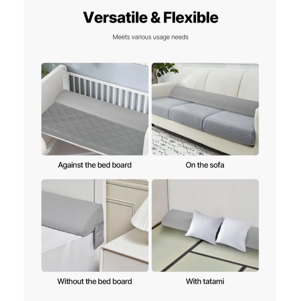 VEVOR Bed Wedge Pillow for Headboard, King Size, 72"x10"x6" Bed Gap Filler, Fill 0-7" Gap Between Headboard and Mattress, 25D Foam Mattress Wedge Headboard Pillow with Side Pocket, for Backrest, Gray