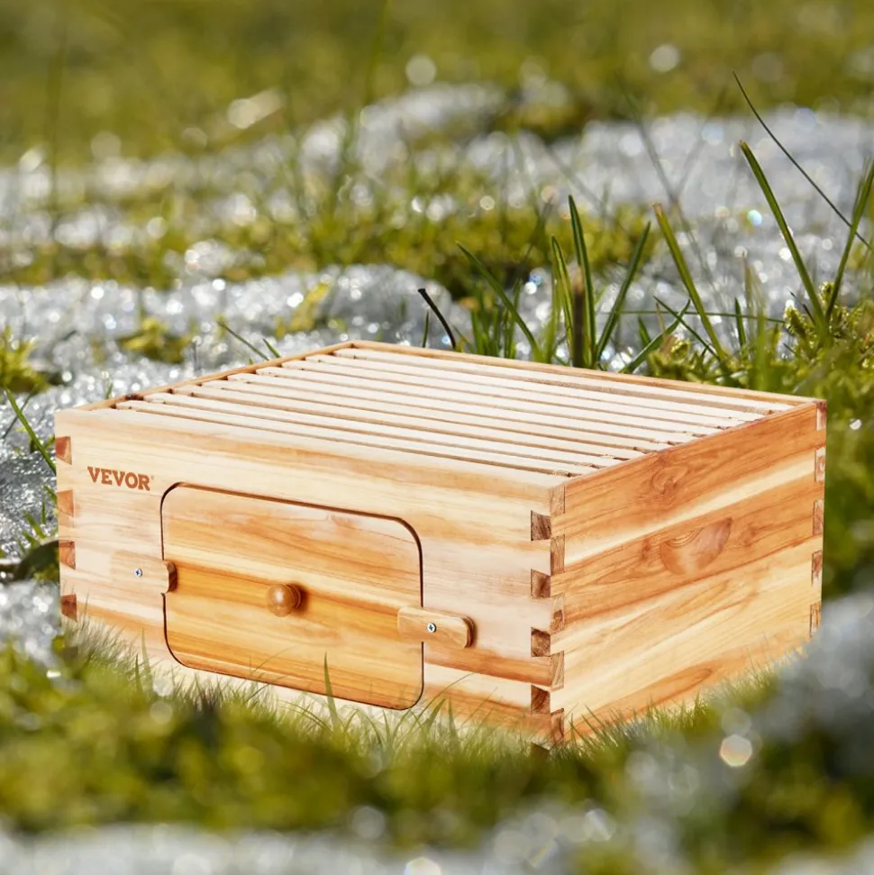 VEVOR Bee Hive Deep Box Starter Kit, 100% Beeswax Coated Natural Fir Wood, Langstroth Beehive Kit with 10 Frames and Foundations, Transparent Acrylic Bee Windows for Beginners and Pro Beekeepers