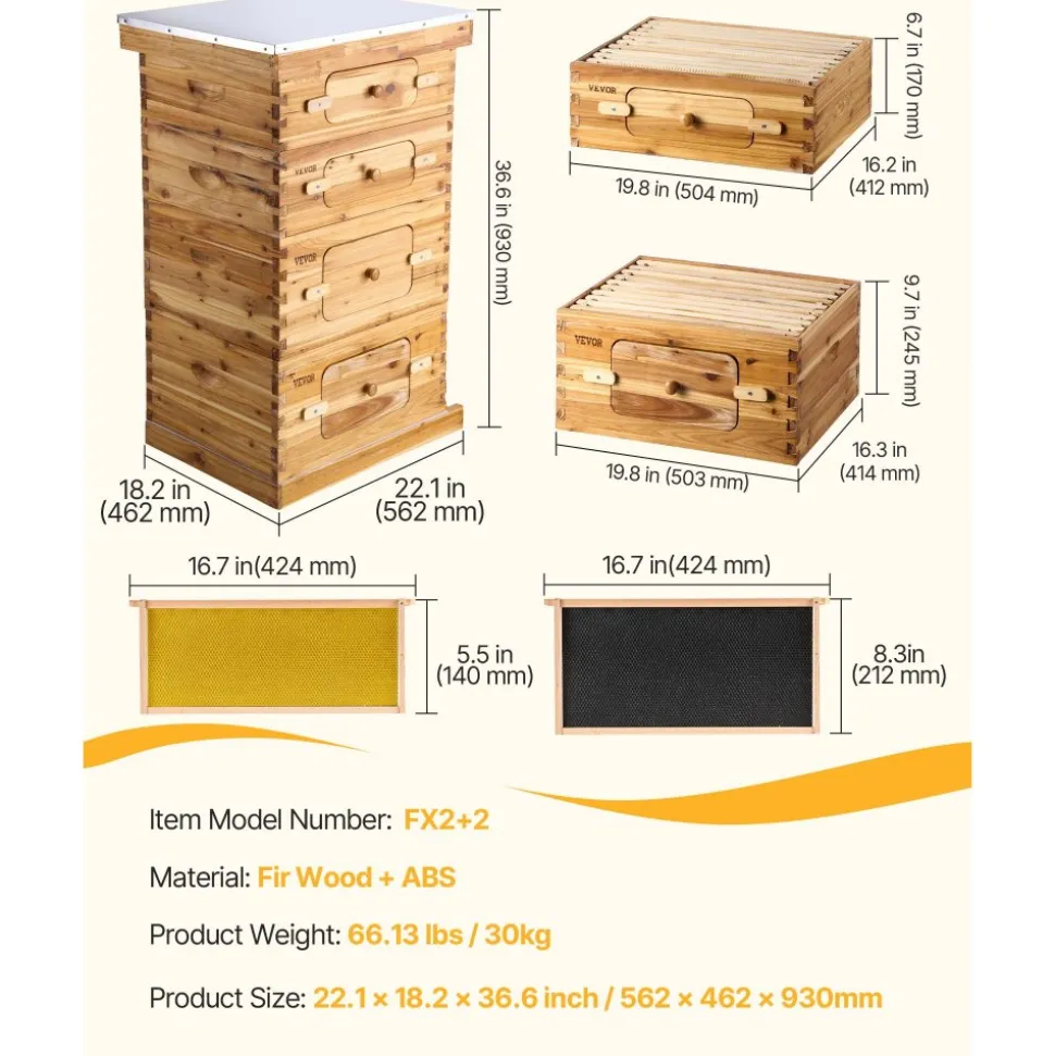VEVOR Bee Hive 40 Frame Bee Hives Starter Kit, Beeswax Coated Fir Wood, 2 Deep + 2 Medium Bee Boxes Langstroth Beehive Kit, Transparent Acrylic Windows with Foundations for Beginners Pro Beekeepers