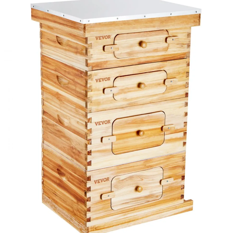 VEVOR Bee Hive 40 Frame Bee Hives Starter Kit, Beeswax Coated Fir Wood, 2 Deep + 2 Medium Bee Boxes Langstroth Beehive Kit, Transparent Acrylic Windows with Foundations for Beginners Pro Beekeepers