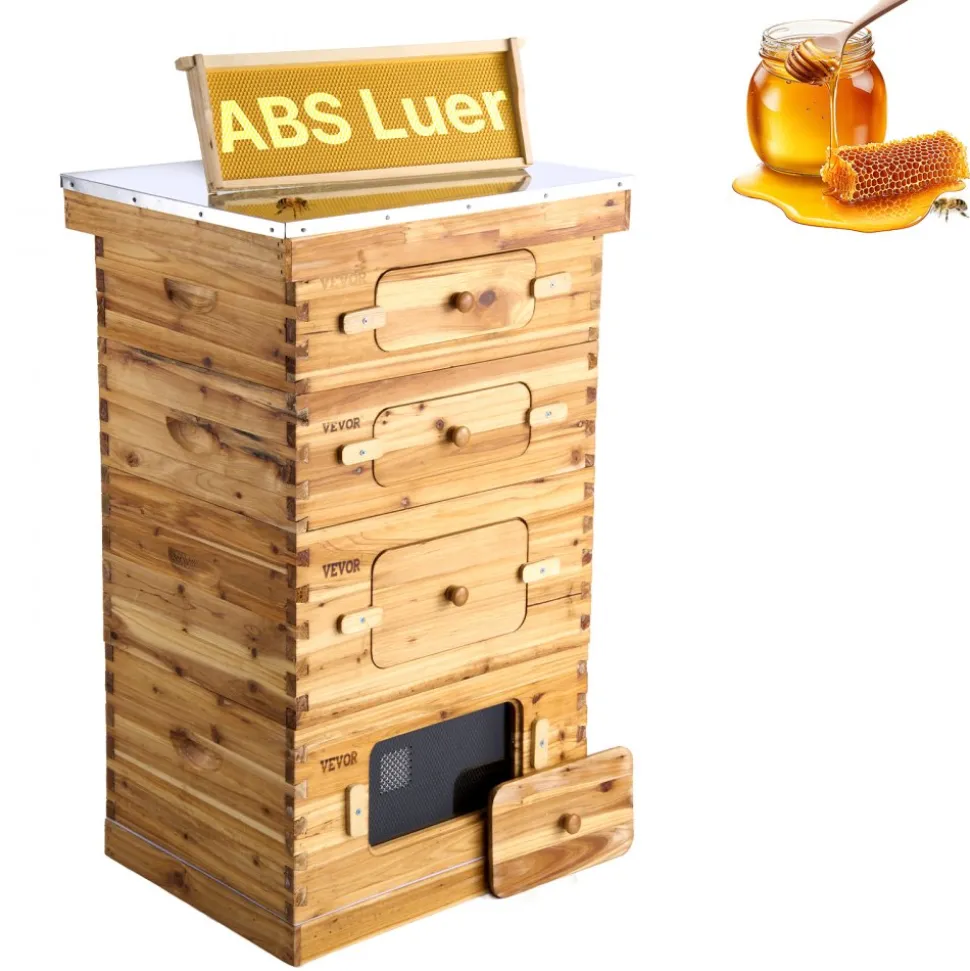 VEVOR Bee Hive 40 Frame Bee Hives Starter Kit, Beeswax Coated Fir Wood, 2 Deep + 2 Medium Bee Boxes Langstroth Beehive Kit, Transparent Acrylic Windows with Foundations for Beginners Pro Beekeepers