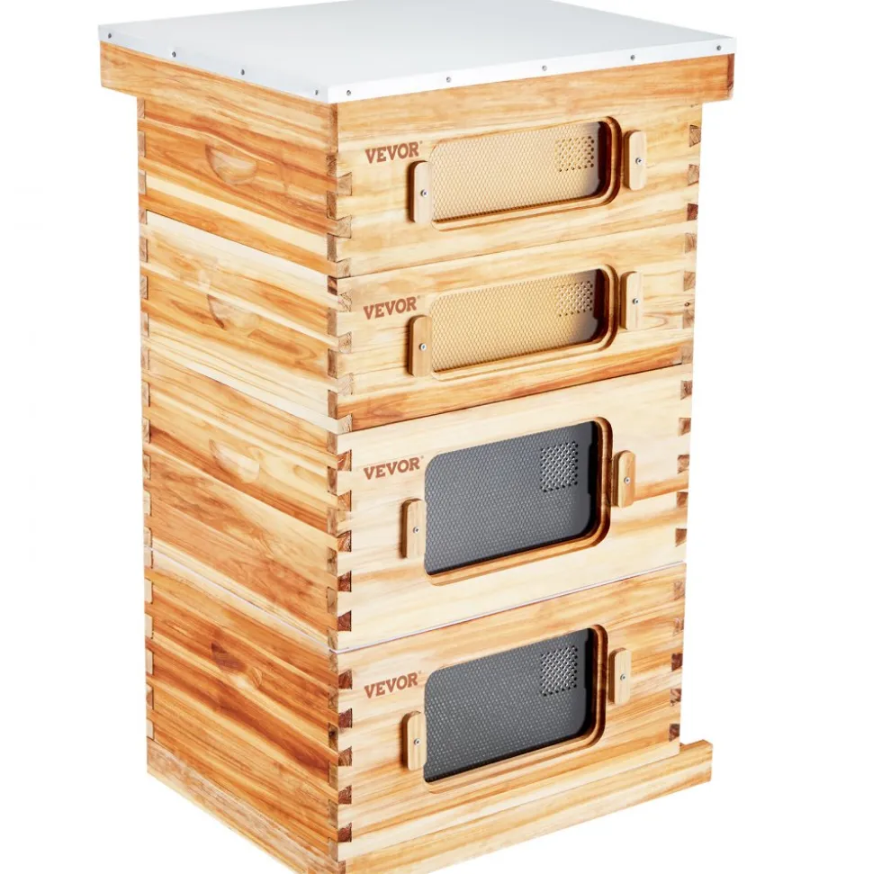 VEVOR Bee Hive 40 Frame Bee Hives Starter Kit, Beeswax Coated Fir Wood, 2 Deep + 2 Medium Bee Boxes Langstroth Beehive Kit, Transparent Acrylic Windows with Foundations for Beginners Pro Beekeepers
