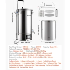 VEVOR Beer Brewing Equipment, 16 Gal/60L Beer Maker with Anti-Burn Pump and Wort Chiller,3000W All-in-One Home Brewing Kit with Digital Control, Recipe Memory & Timer, Removable mesh strainer