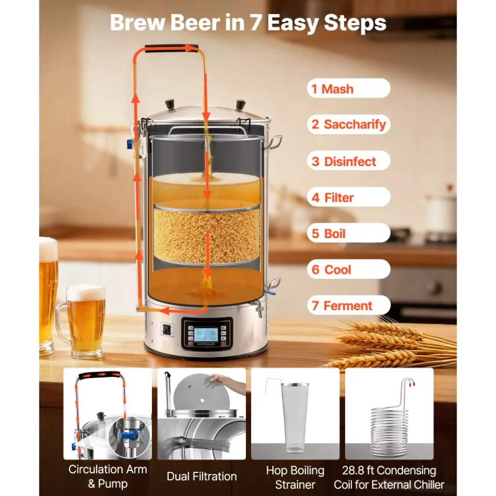 VEVOR Beer Brewing Equipment, 16 Gal/60L Beer Maker with Anti-Burn Pump and Wort Chiller,3000W All-in-One Home Brewing Kit with Digital Control, Recipe Memory & Timer, Removable mesh strainer