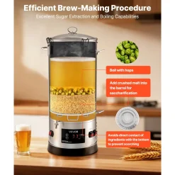 VEVOR Beer Brewing Equipment, 8 Gal/30L 304 Stainless Steel Home Beer Brewer,1500W All-in-One Home Brewing Kit with Tall strainer, Integrated Inner Barrel & Reinforced Handle
