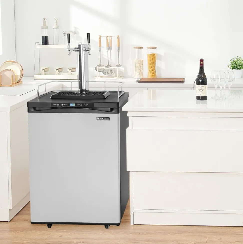VEVOR Beer Kegerator, Dual Tap Draft Beer Dispenser, Full Size Keg Refrigerator With Shelf, CO2 Tank(No Gas), Drip Tray & Rail, 23°F- 82.4°F Temperature Control, 162L, Silver