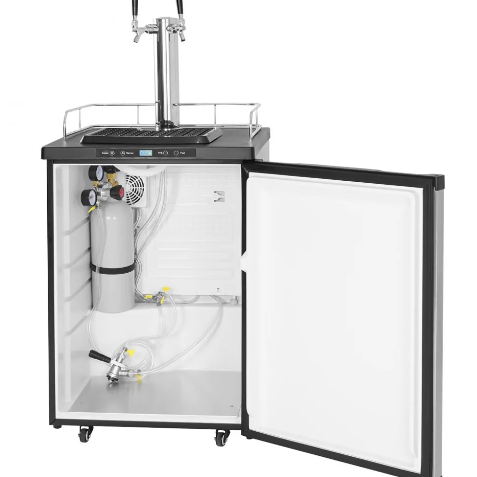 VEVOR Beer Kegerator, Dual Tap Draft Beer Dispenser, Full Size Keg Refrigerator With Shelf, CO2 Tank(No Gas), Drip Tray & Rail, 23°F- 82.4°F Temperature Control, 162L, Silver