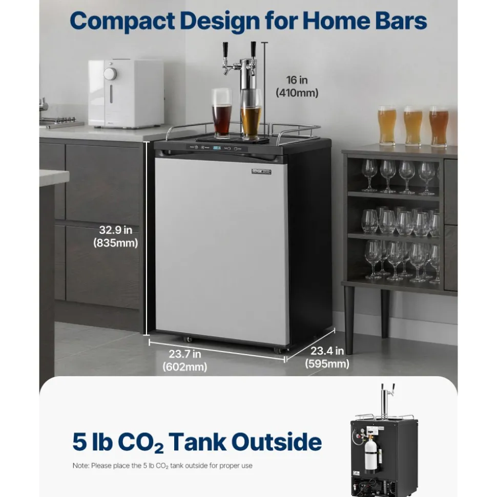 VEVOR Beer Kegerator, Dual Tap Draft Beer Dispenser, Full Size Keg Refrigerator With Shelf, CO2 Tank(No Gas), Drip Tray & Rail, 23°F- 82.4°F Temperature Control, 162L, Silver