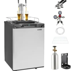 VEVOR Beer Kegerator, Dual Tap Draft Beer Dispenser, Full Size Keg Refrigerator With Shelf, CO2 Tank(No Gas), Drip Tray & Rail, 23°F- 82.4°F Temperature Control, 162L, Silver