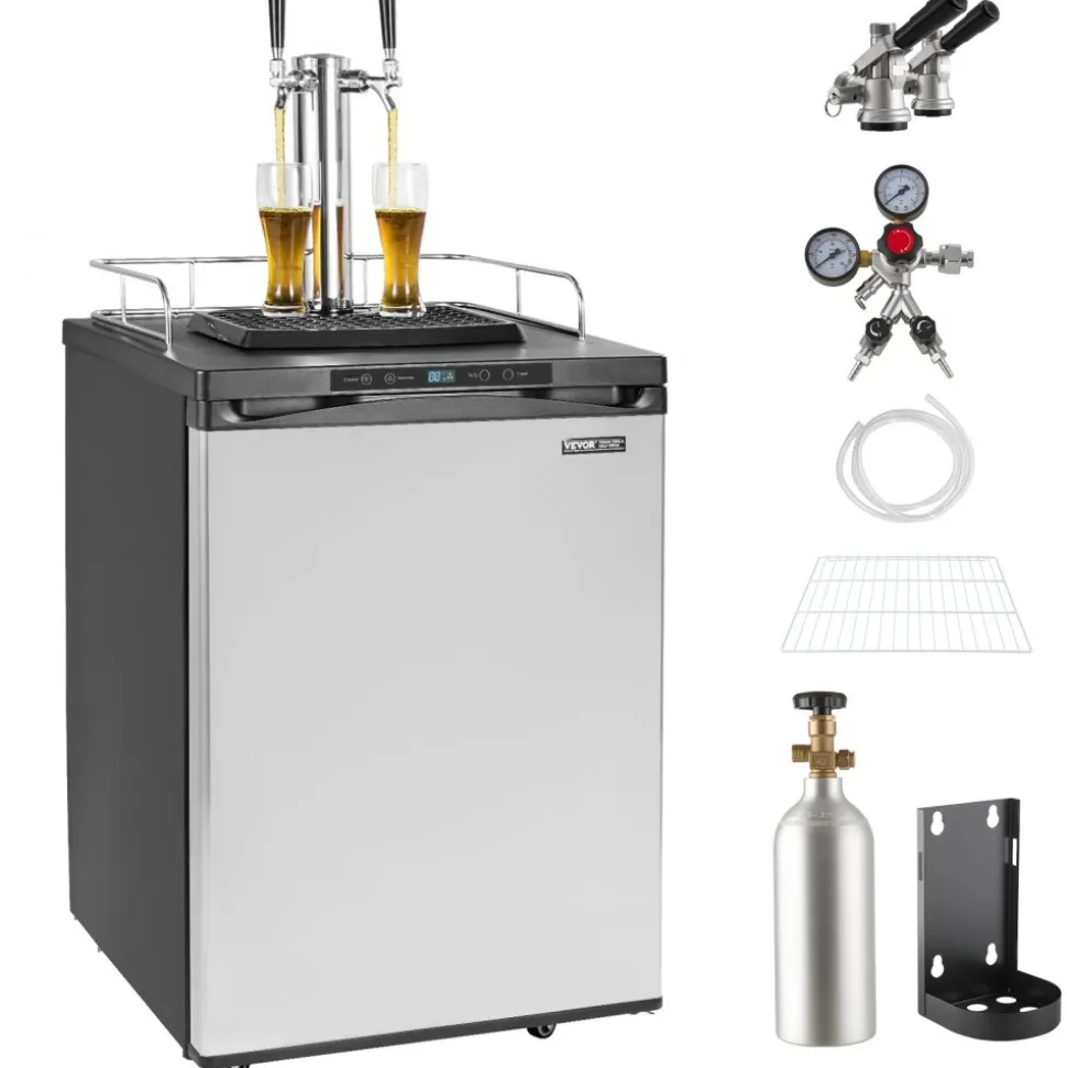 VEVOR Beer Kegerator, Dual Tap Draft Beer Dispenser, Full Size Keg Refrigerator With Shelf, CO2 Tank(No Gas), Drip Tray & Rail, 23°F- 82.4°F Temperature Control, 162L, Silver