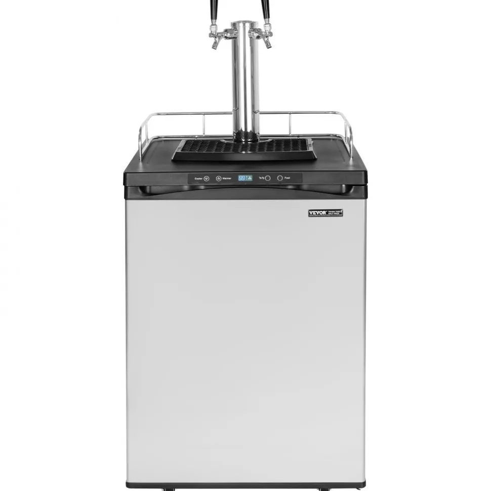 VEVOR Beer Kegerator, Dual Tap Draft Beer Dispenser, Full Size Keg Refrigerator With Shelf, CO2 Tank(No Gas), Drip Tray & Rail, 23°F- 82.4°F Temperature Control, 162L, Silver