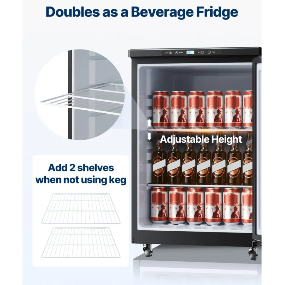 VEVOR Beer Kegerator, Dual Tap Draft Beer Dispenser, Full Size Keg Refrigerator With Shelf, CO2 Tank(No Gas), Drip Tray & Rail, 23°F- 82.4°F Temperature Control, 162L, Silver