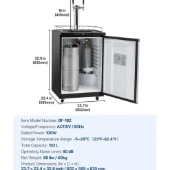 VEVOR Beer Kegerator, Dual Tap Draft Beer Dispenser, Full Size Keg Refrigerator With Shelf, CO2 Tank(No Gas), Drip Tray & Rail, 23°F- 82.4°F Temperature Control, 162L, Silver