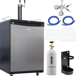 VEVOR Beer Kegerator, Dual Tap Draft Beer Dispenser, Full Size Keg Refrigerator With Shelves, CO2 Cylinder, Drip Tray & Rail, 32°F- 75.2°F Temperature Control, Holds 1/6, 1/4, 1/2 Barrels, Black